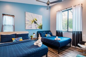 3 bedrooms, desk, iron/ironing board, travel crib