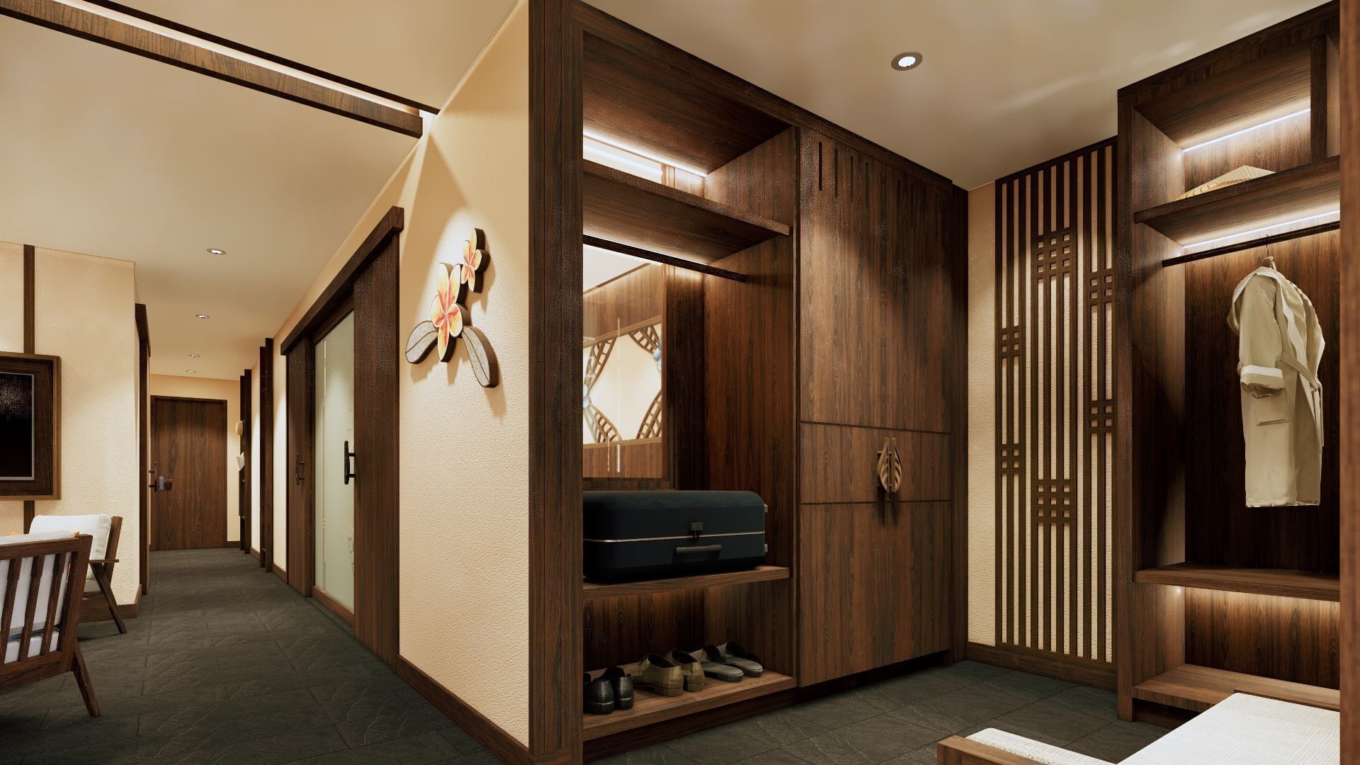 A hotel corridor with wooden paneling, a shoe rack, a coat rack, and a television.