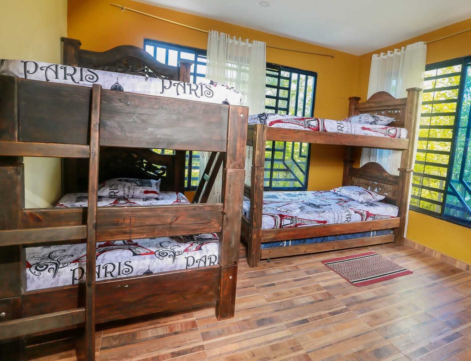 Camas literas con ropa de cama con temática parisina, pisos de madera y ventanas con cortinas.