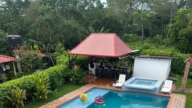 A swimming pool with a tiled deck, surrounded by greenery and a covered seating area.