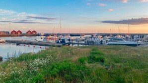 A marina with boats docked, a grassy foreground, and red buildings in the background.