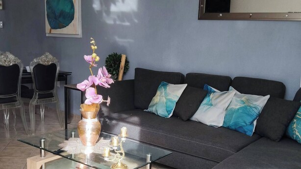 Un salon moderne avec une table basse en verre, un canapé gris agrémenté de coussins à motifs et un coin repas avec des chaises transparentes.