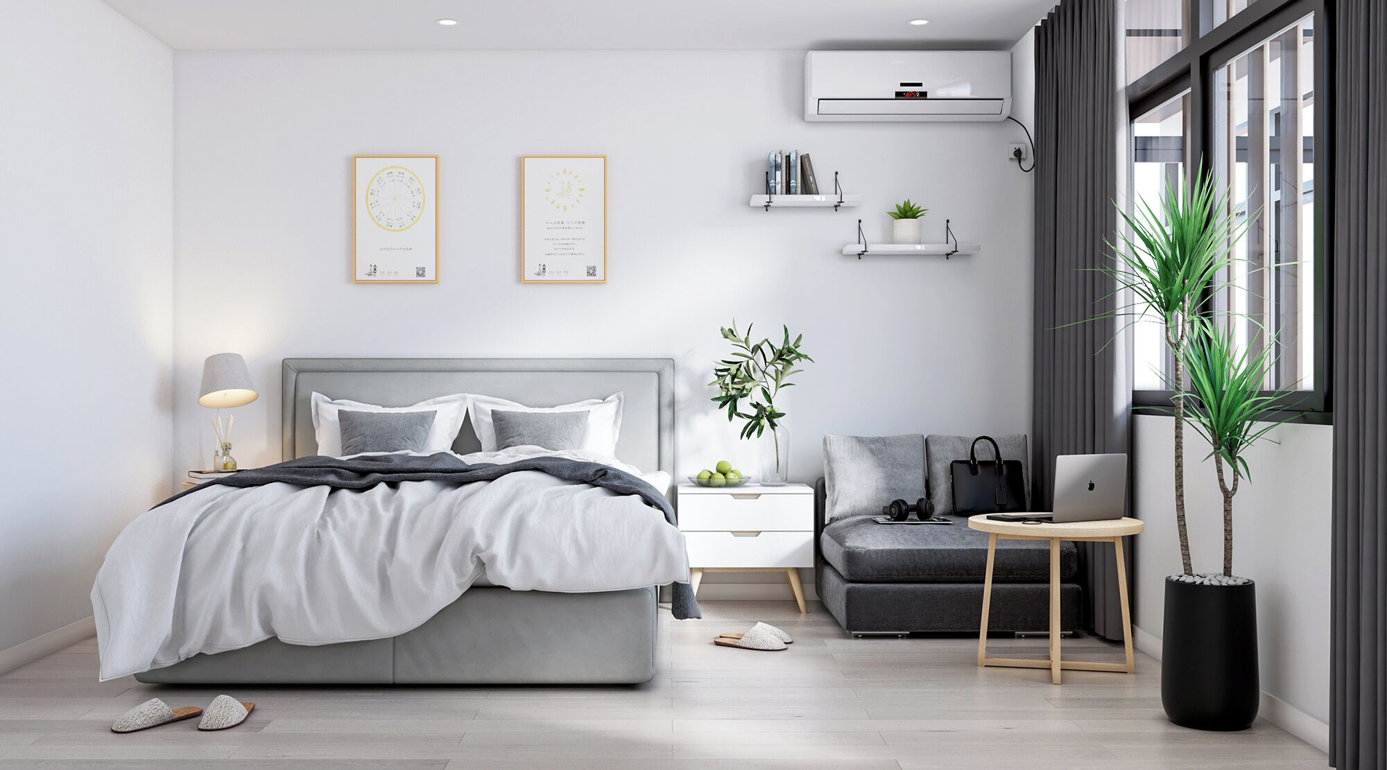 A modern bedroom with a bed, bedside table, chair, and a desk with a laptop.