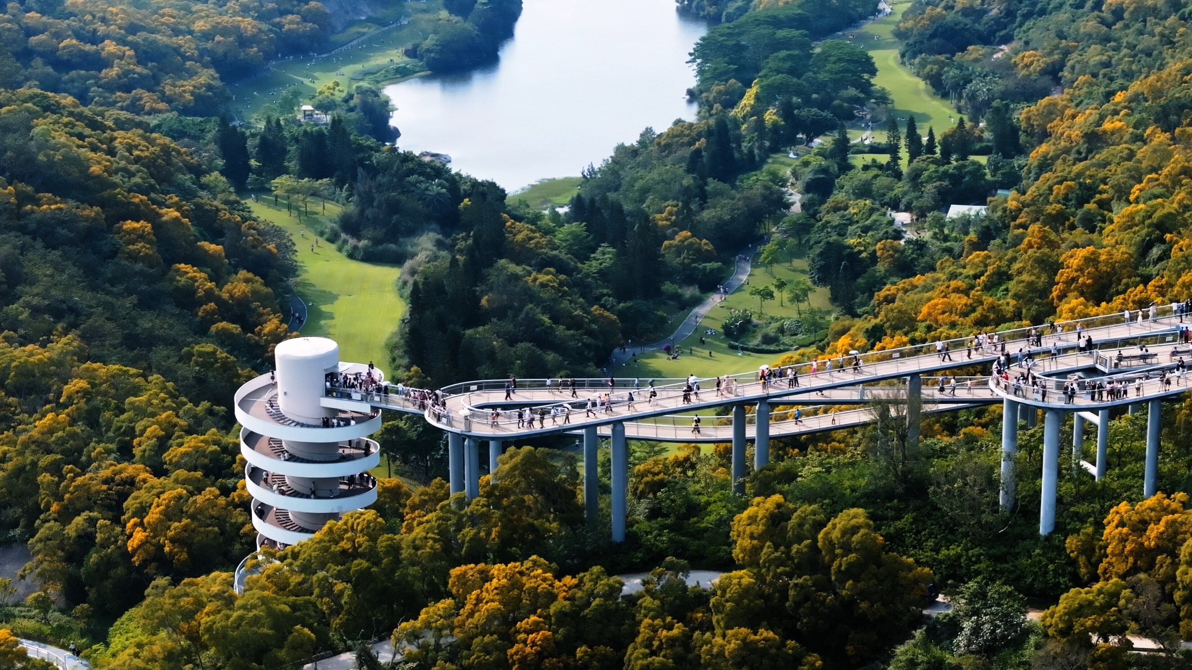An aerial view of a park with a large lake, a winding path, and a multi-level bridge with people walking.