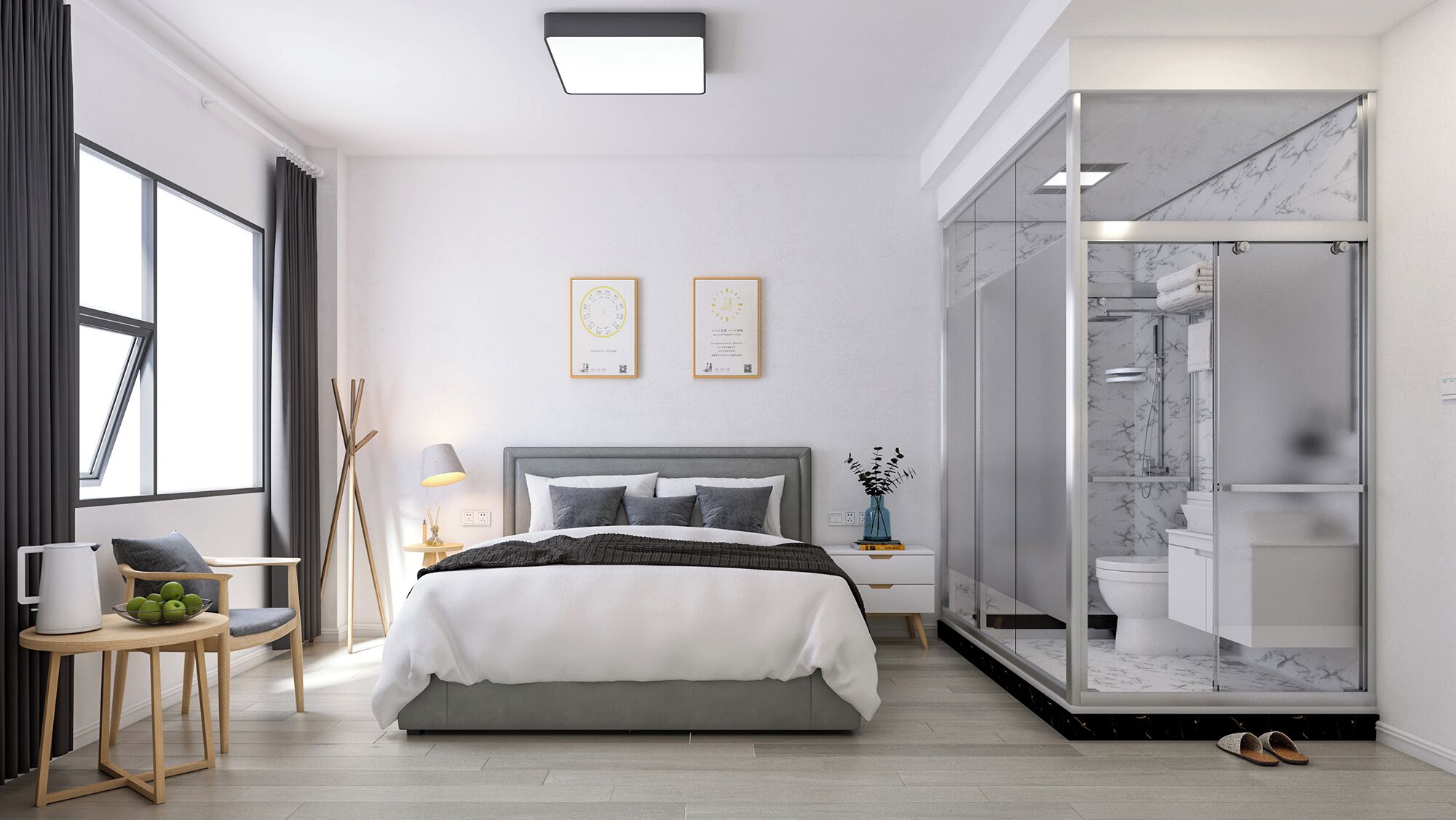 Een moderne slaapkamer met een groot bed, een nachtkastje, een stoel, een lamp en uitzicht op de badkamer.