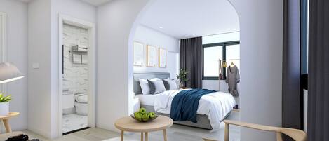 Una habitación de hotel moderna con una cama, una mesa redonda de madera con un frutero, una silla y un escritorio con una cámara.