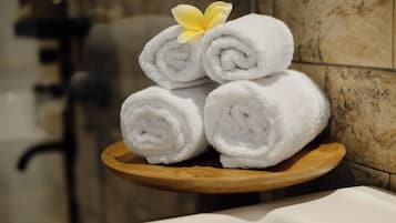 Separate tub and shower, free toiletries, hair dryer, bathrobes