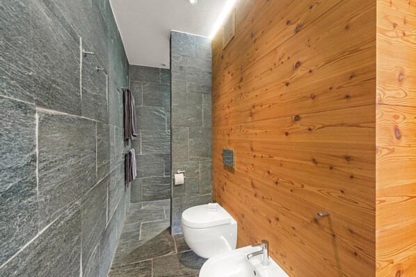 A modern bathroom with a wooden wall, a shower, and a toilet. - Maison Montagne in Samedan (Samedan)