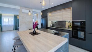 A modern kitchen with a central island, dark cabinetry, and pendant lighting. - Villa One in Novi Vinodolski (Novi Vinodolski)