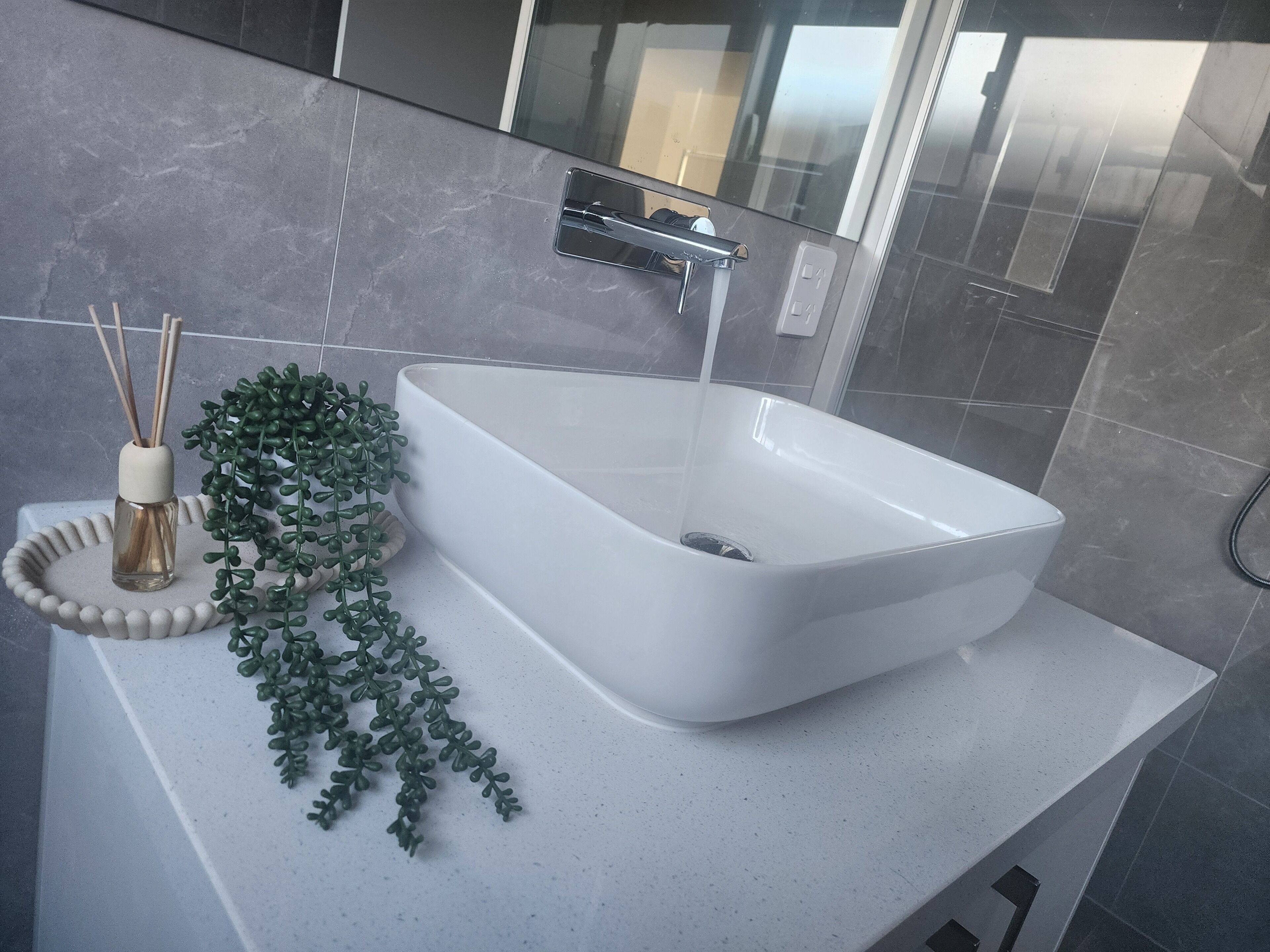 Shower, hair dryer, towels, toilet paper