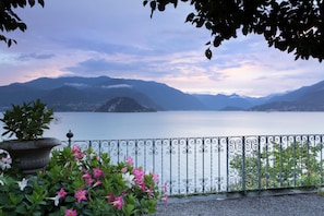 Vista de un lago con montañas al fondo, barandilla de metal y macetas con flores.