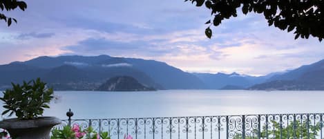 A lakeside view with mountains in the background, a metal railing, and potted plants with flowers.