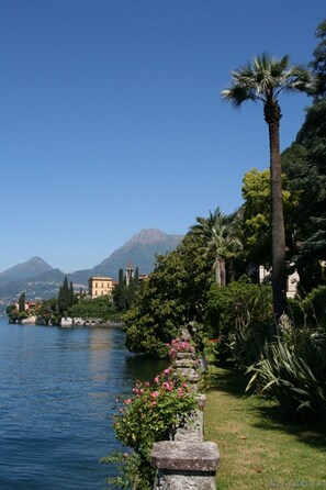 A lakeside view with a stone balustrade, palm trees, and buildings in the background. - Vista d Oro Ulivo Apt 7 (Perledo)