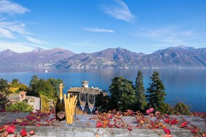 A scenic view of a lake with mountains in the background, a stone table with a bottle and glasses, and autumn leaves scattered on the ground. - Bellavista Grande in Menaggio (Menaggio)