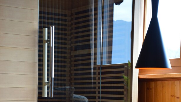 Un bagno moderno con cabina doccia in vetro, pavimento in legno e tappeto.