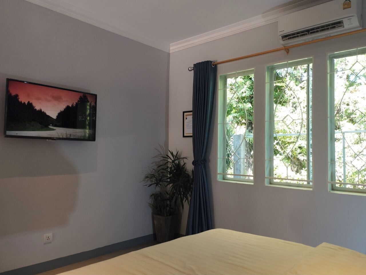 A bedroom with a bed, a potted plant, a picture on the wall, and a window with curtains.