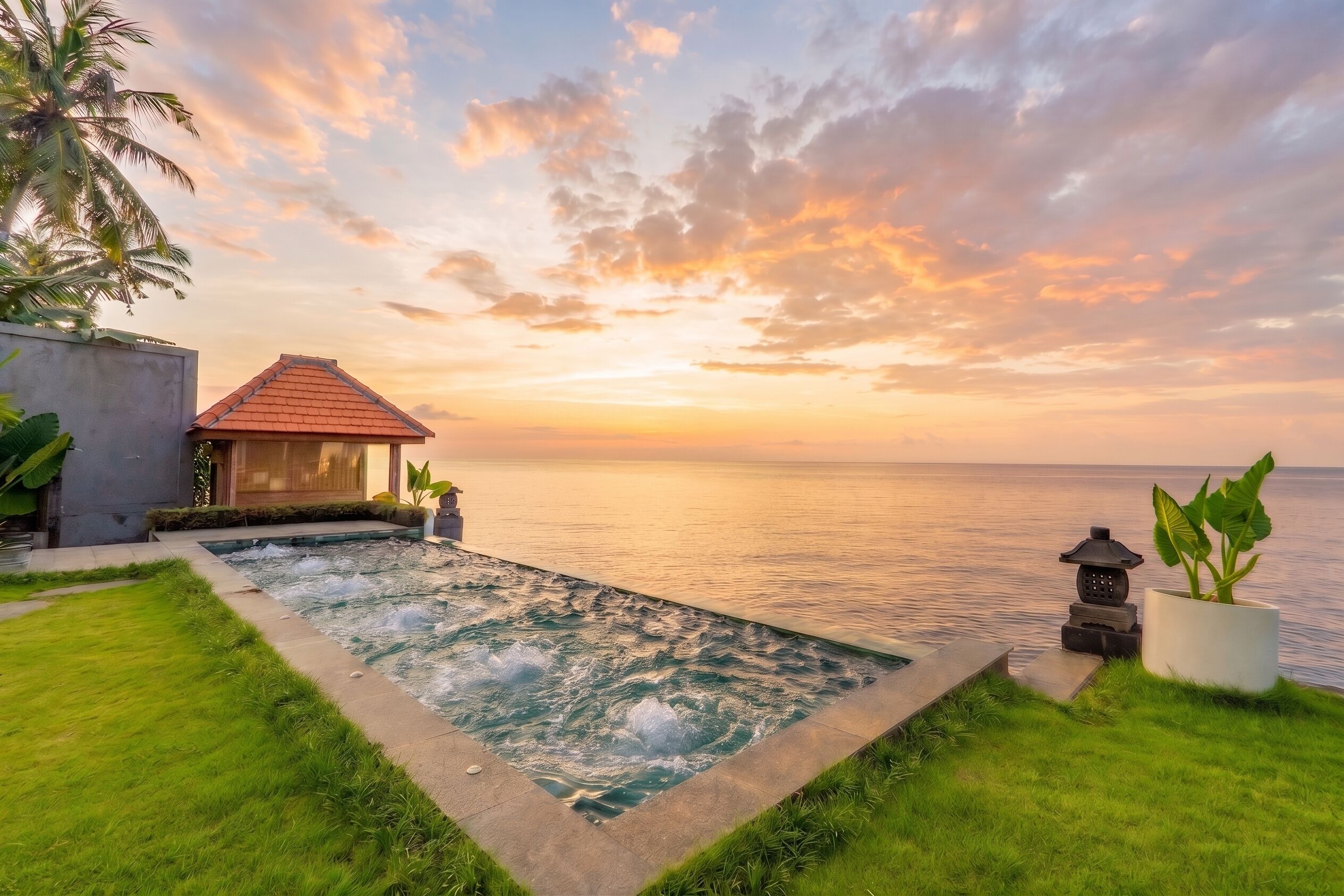 Piscina com vista para o mar ao pôr do sol.