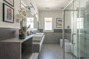 Shower, hair dryer, bidet, towels