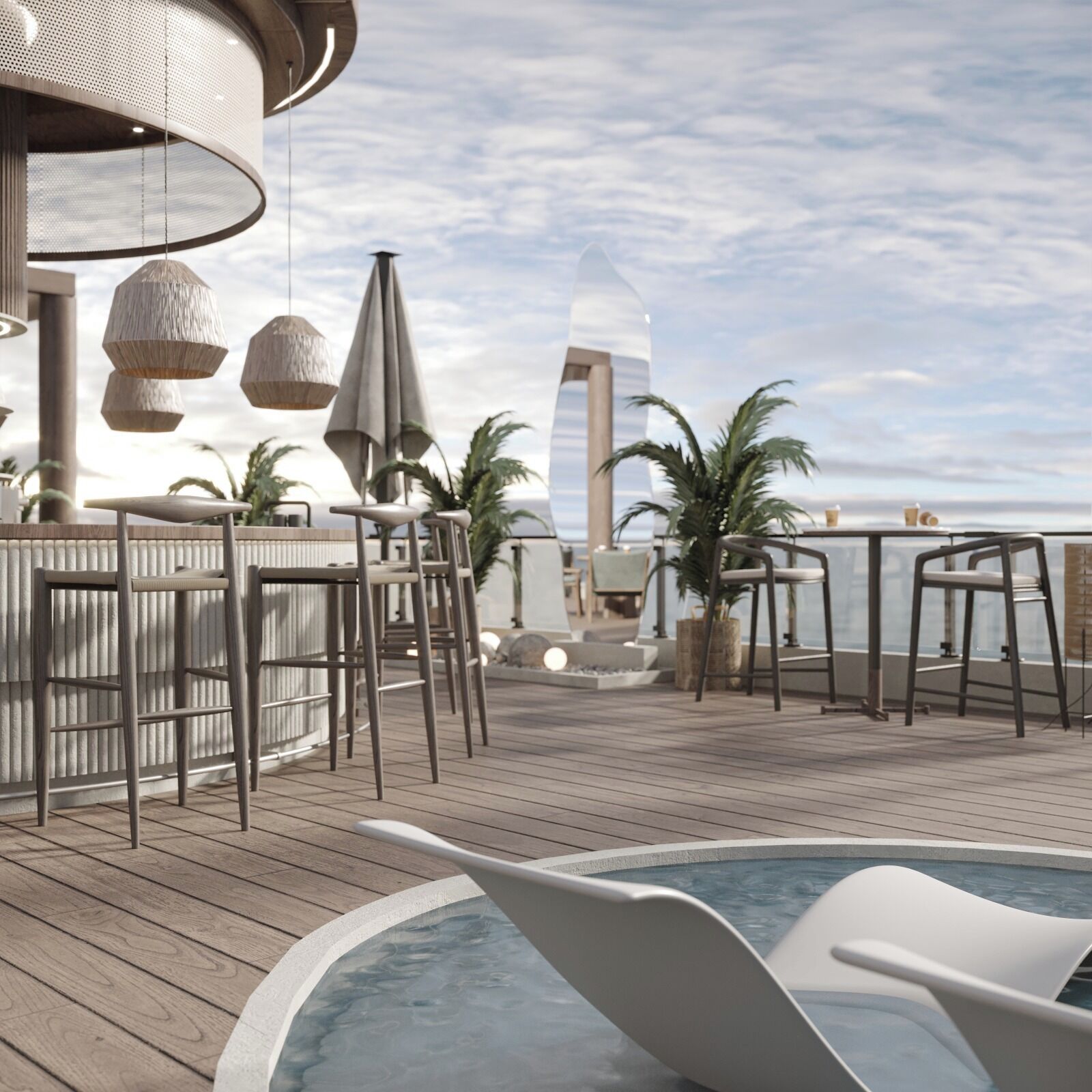 Um bar no terraço com piso de madeira, espreguiçadeiras e uma piscina.