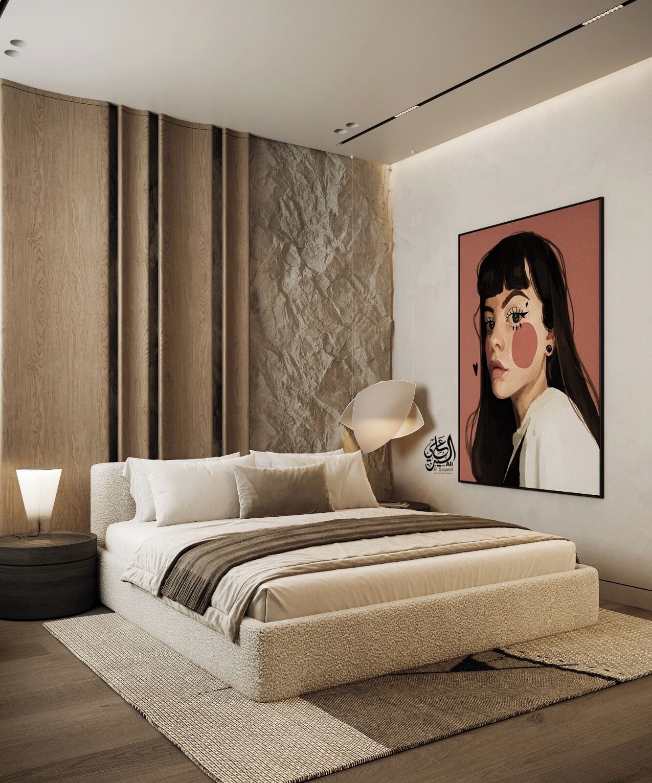 A modern bedroom with a large bed, a nightstand, a lamp, and a wall-mounted artwork.