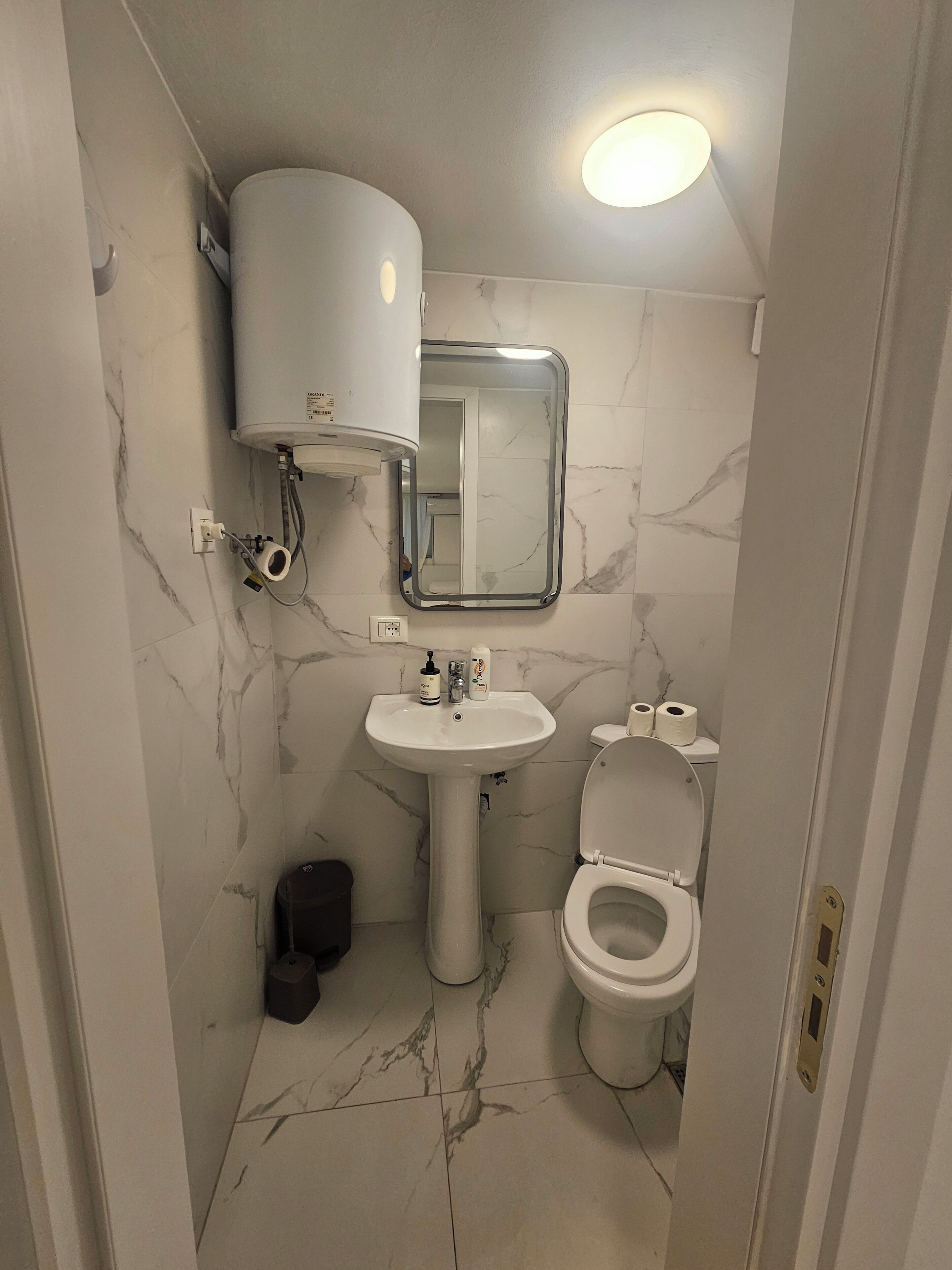 Un baño pequeño con lavamanos pedestal, inodoro y espejo.