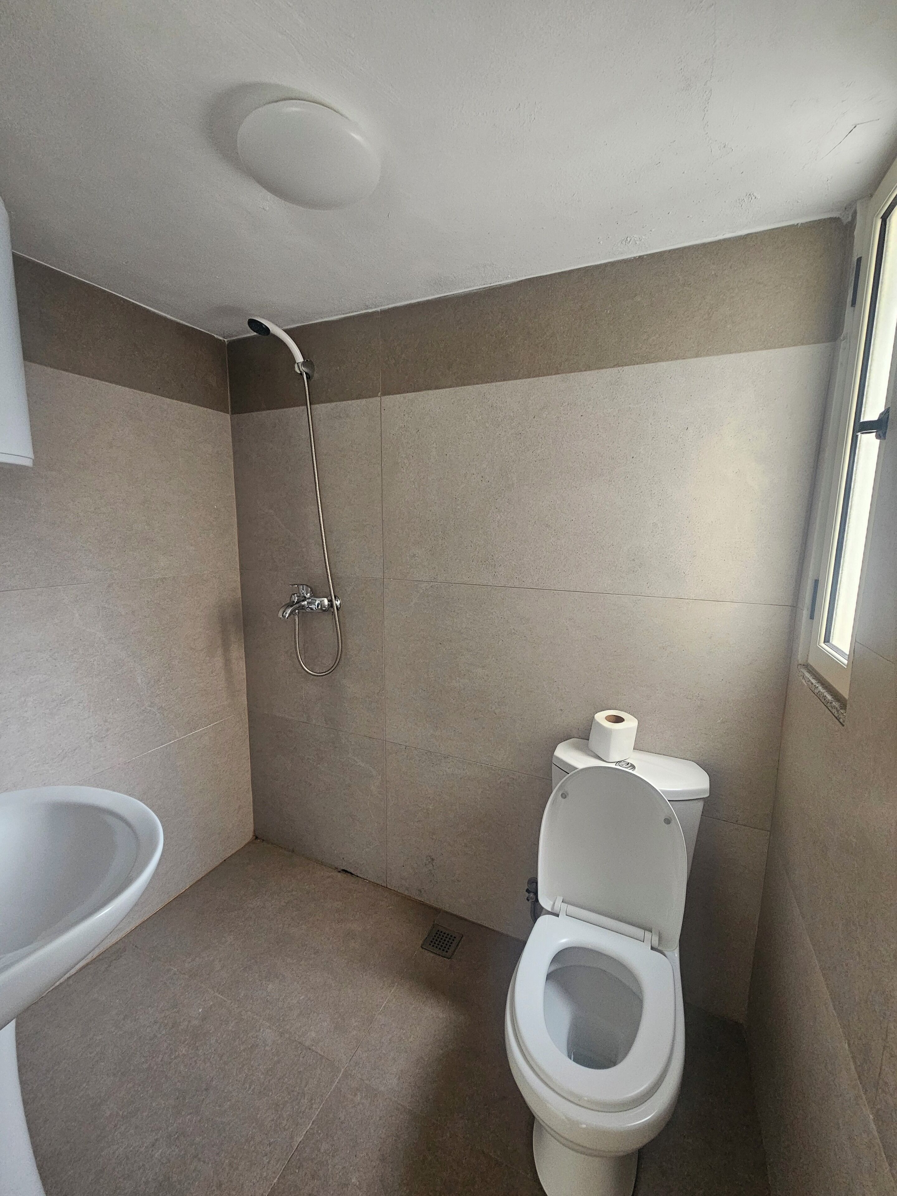 Une salle de bain avec des toilettes, une douche et un lavabo.