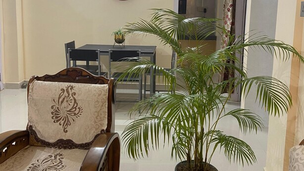Ein Wohnzimmer mit Deckenventilator, einem Esstisch mit Stühlen und einem Blumentopf.