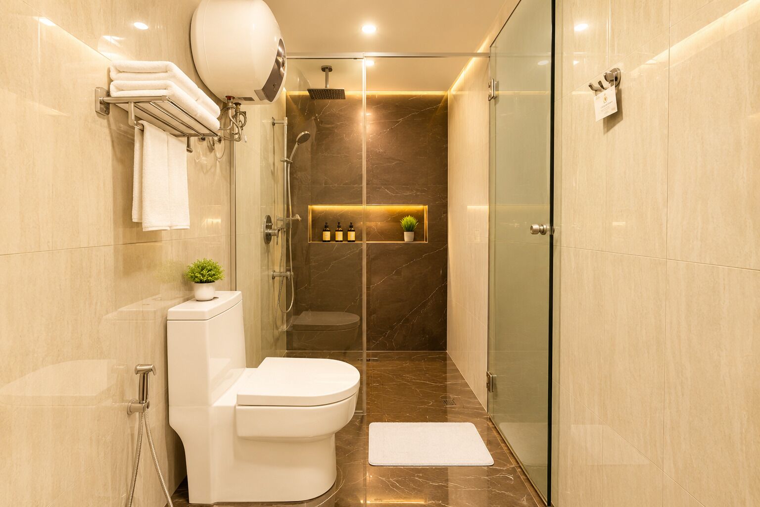 Un baño moderno con inodoro, ducha y cabina de ducha con paredes de vidrio.
