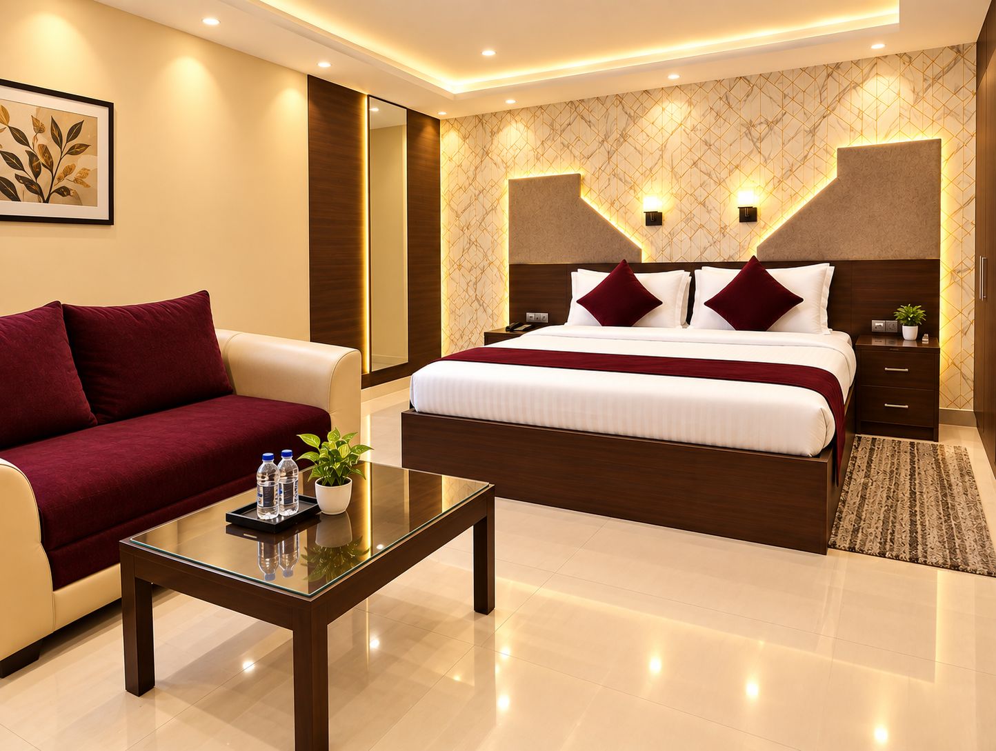 A modern hotel room with a large bed, a sofa, a glass coffee table, and a patterned wall.