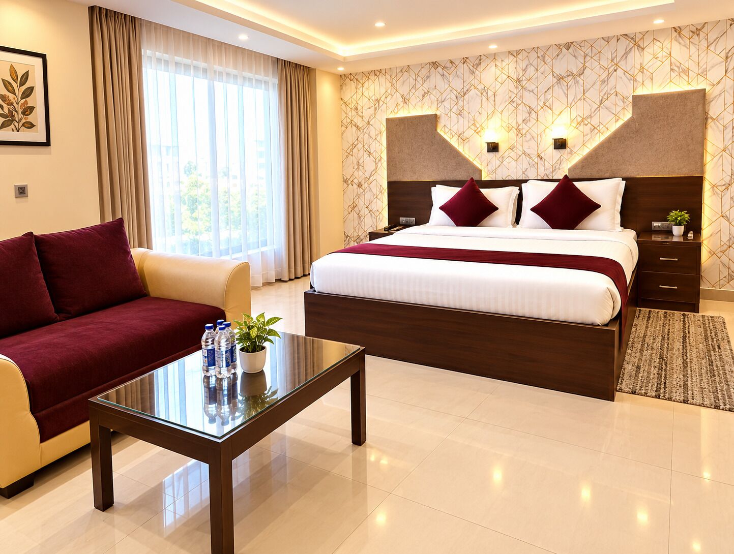 Una habitación de hotel con cama, sofá, mesa de centro de vidrio y mesita de noche.