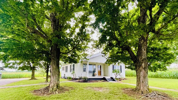A single-story house with a front porch, surrounded by a well-maintained lawn and two large trees. - Quiet 3-bedroom house in Mexico, Kentucky (Marion)