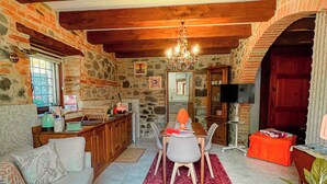 Un salon chaleureux avec un mur en pierre, des poutres apparentes en bois au plafond, un coin repas agrémenté d’un lustre, et une cuisine avec un pare-feu en pierre.