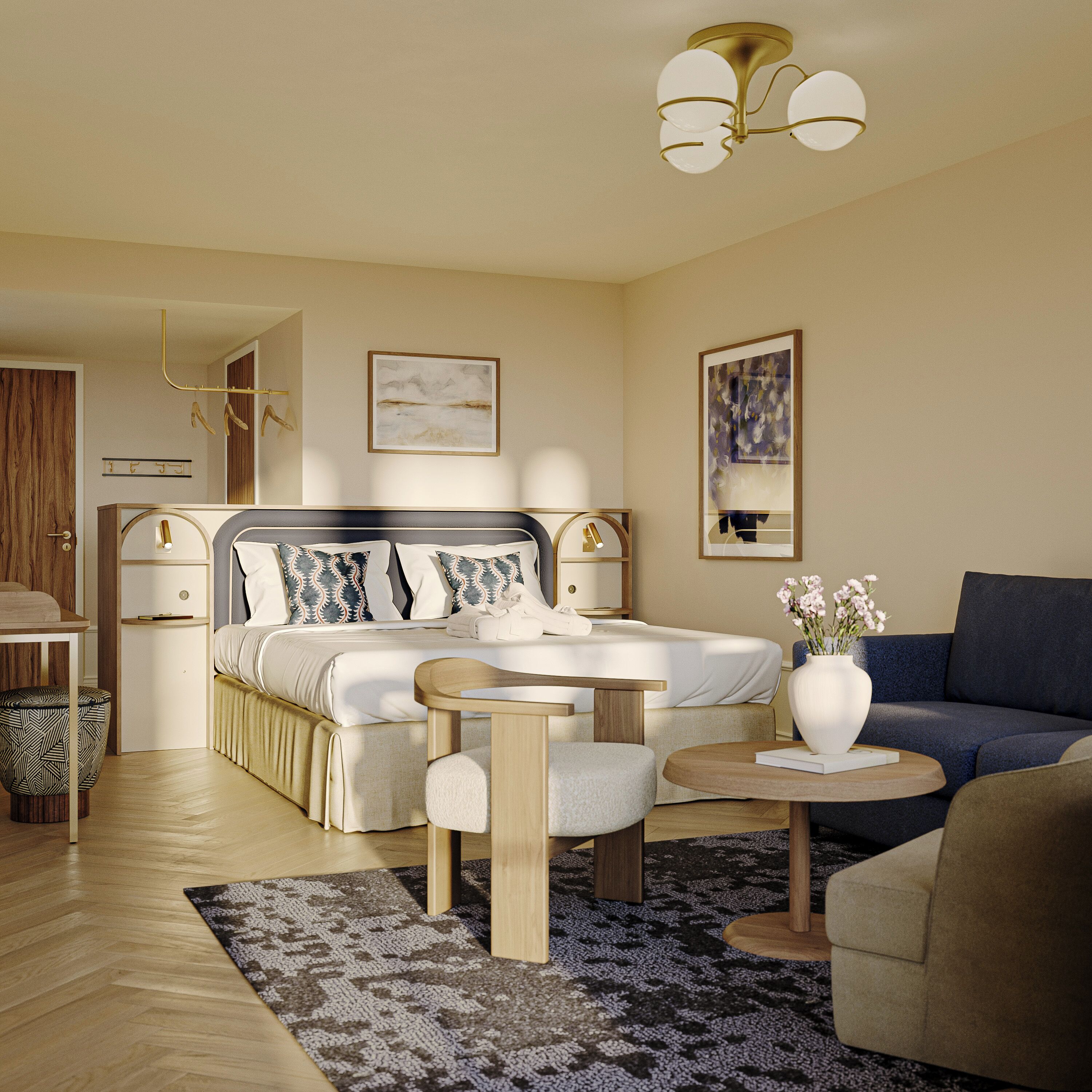 A modern bedroom with a large bed, bedside tables, a small table, a sofa, and a decorative vase.