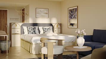 A modern bedroom with a large bed, bedside tables, a small table, a sofa, and a decorative vase.