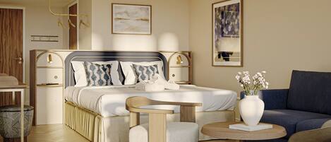 A modern bedroom with a large bed, bedside tables, a small table, a sofa, and a decorative vase.