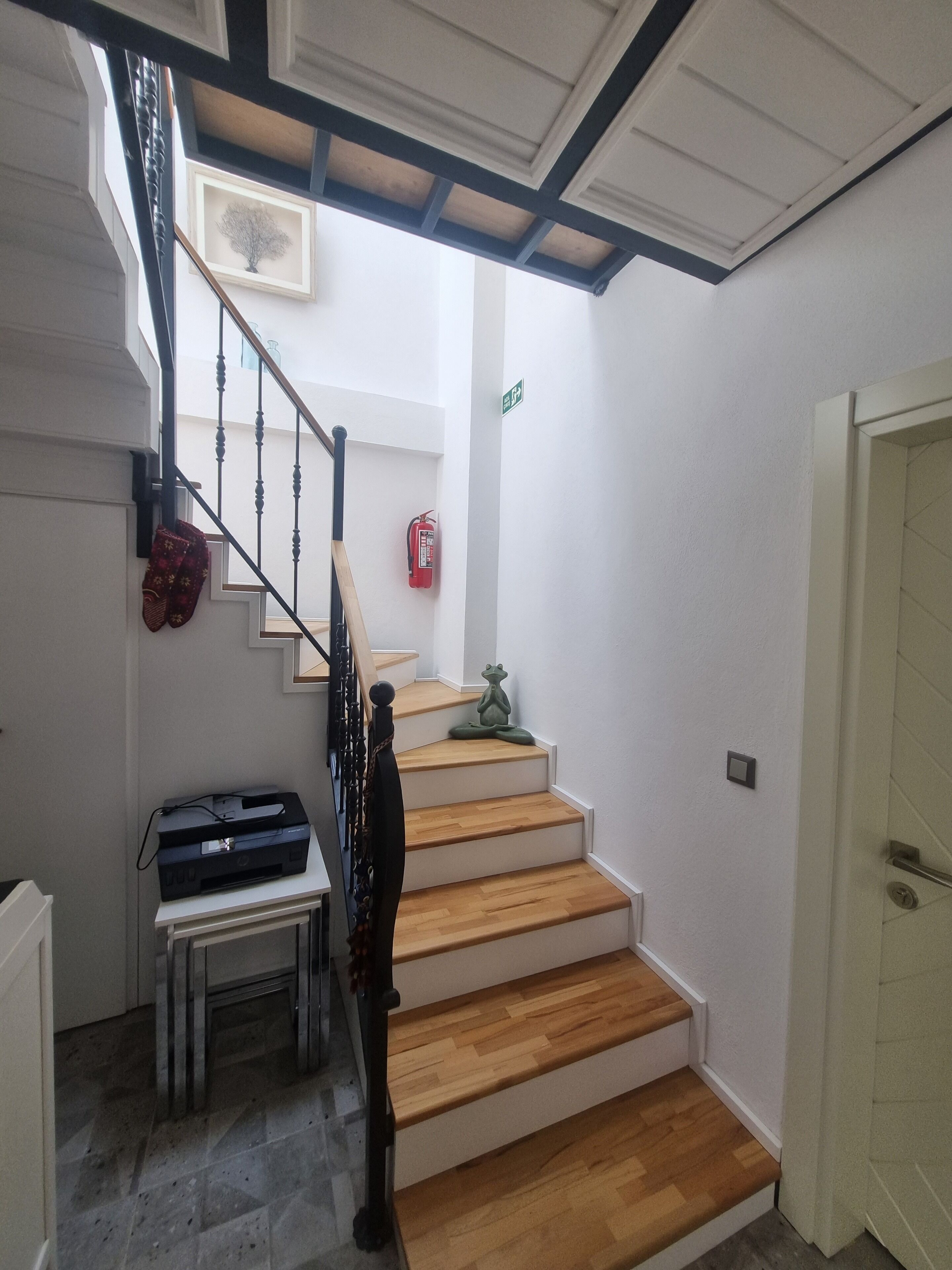 A staircase with wooden steps and a black railing, leading to a landing with a fire extinguisher and a framed picture on the wall.