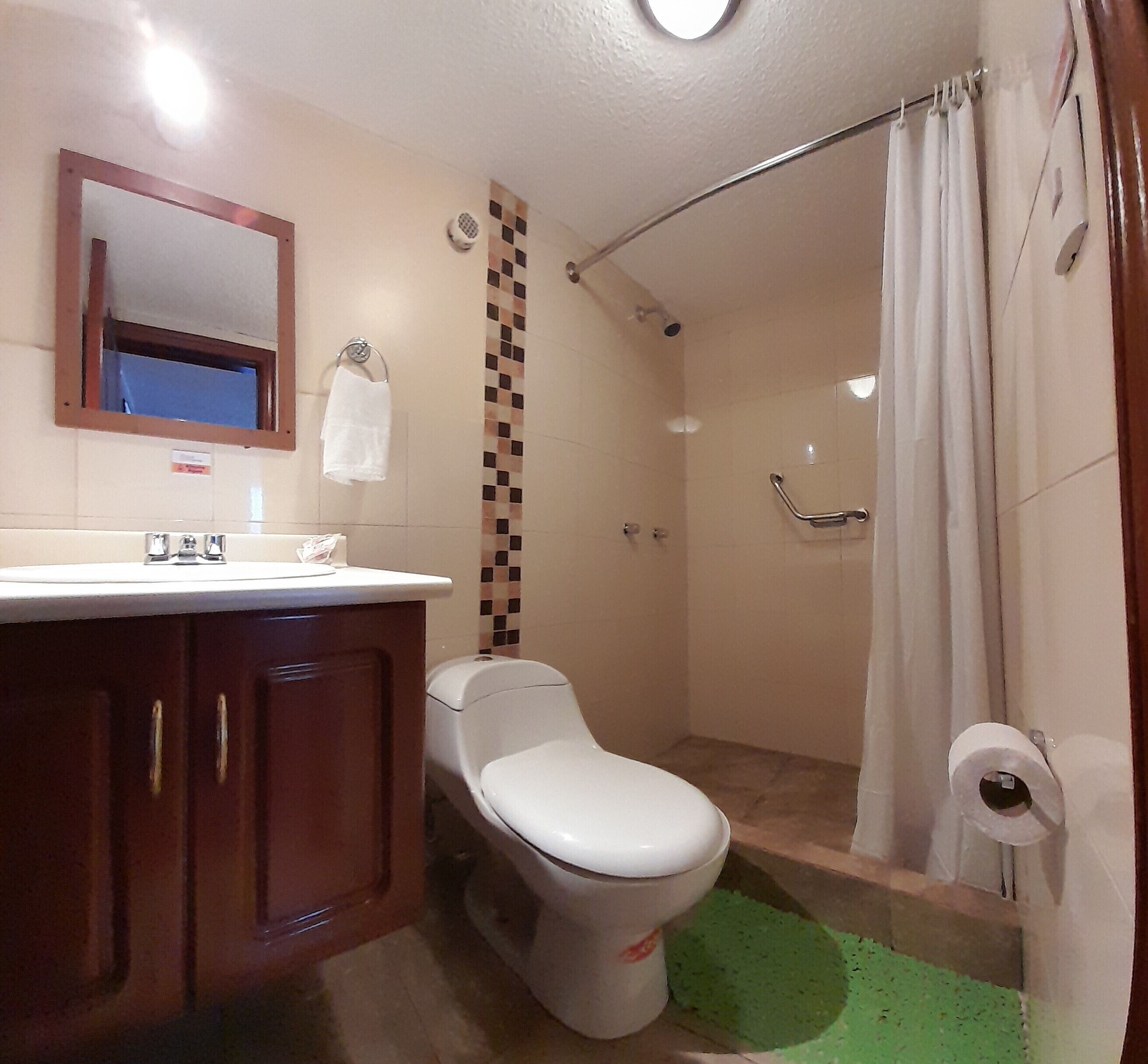 Un baño con inodoro, lavamanos, espejo y ducha.