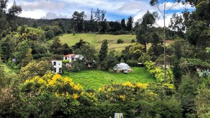 Un paisaje rural con una casa blanca, un edificio pequeño y blanco, y un campo verde.