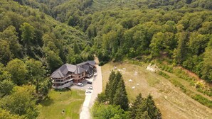 Un grand immeuble à plusieurs étages, entouré d’une forêt dense, avec une allée et des voitures garées.