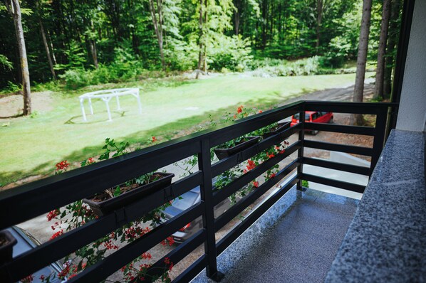A balcony with a view of a grassy area and a white structure in the distance. - Baile Puturoasa (Vama)