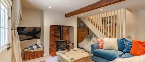 Télévision, cheminée, espaces bureaux