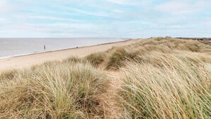 Een strand met duinen en een heldere lucht.