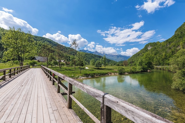 Un puente de madera con barandillas que conduce a un paisaje montañoso con un lago cristalino y colinas verdes.