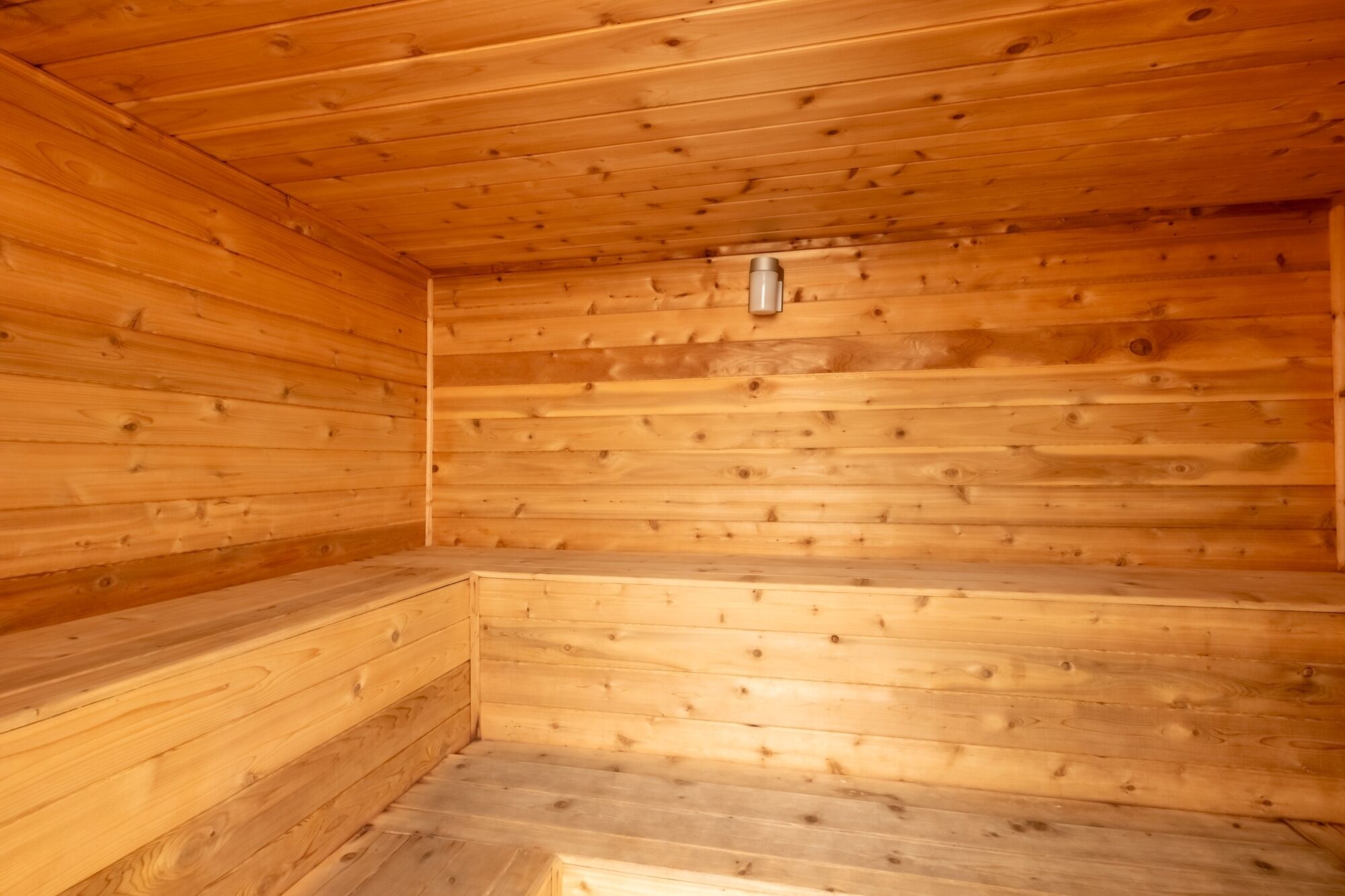 Een houten sauna met banken en een wandheater.