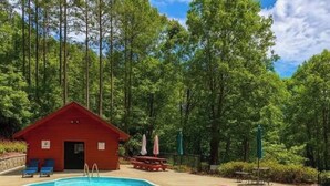 Una piscina con sillones de descanso y un pequeño edificio rojo, rodeado de árboles.