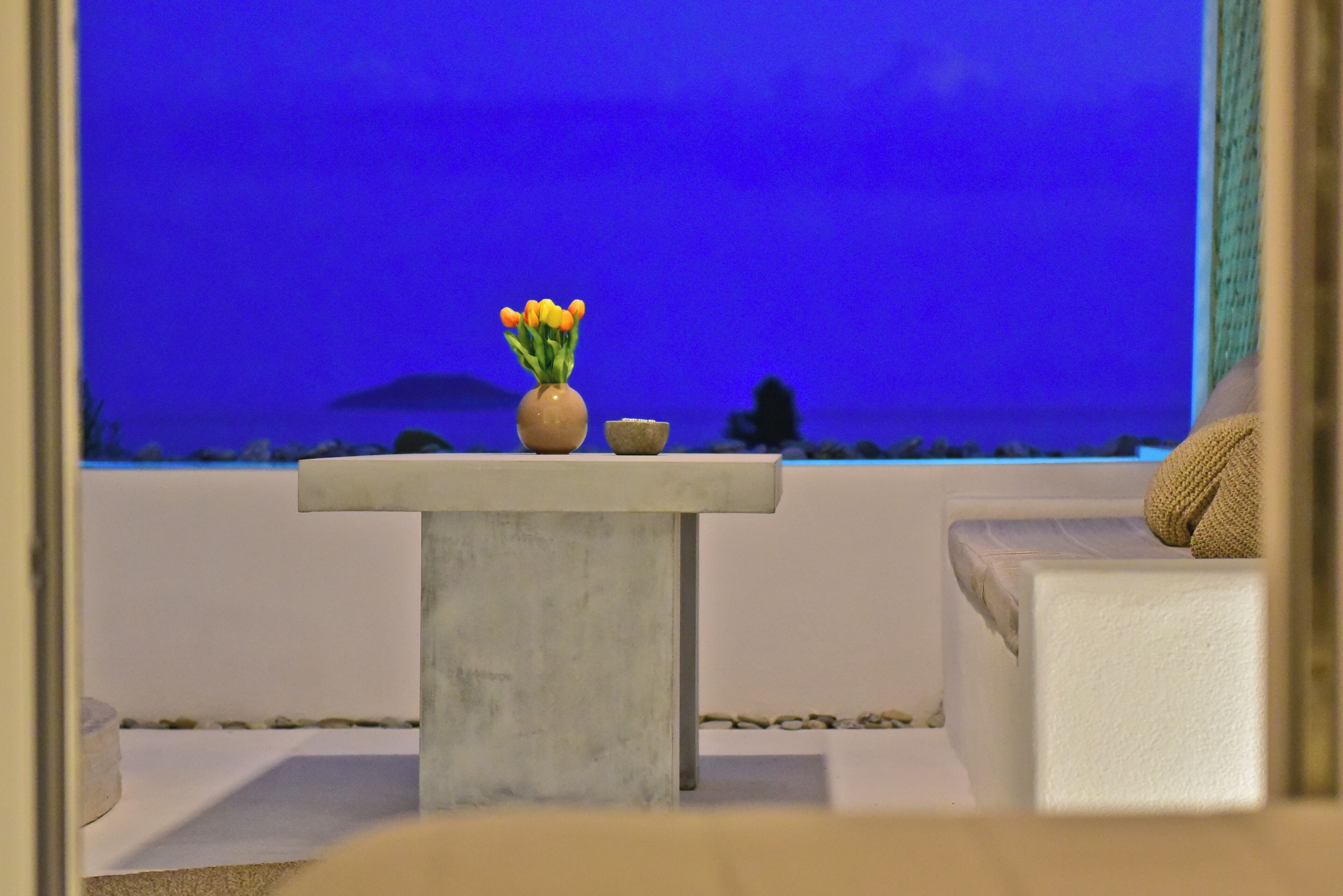A room with a view of the sea, a small table with a vase of flowers, and a sofa with a cushion.