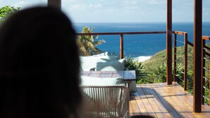 Une terrasse en bois offrant une vue sur l’océan et agrémentée d’un palmier.