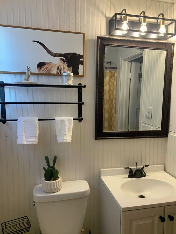 Hair dryer, towels, soap, toilet paper