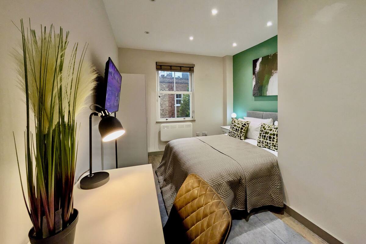 A modern bedroom with a bed, a desk, a potted plant, a television, and a window with a view of buildings.