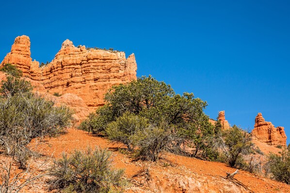 Striking red rock formations and native vegetation define the scenic desert landscape surrounding the property area. - Alpine Loft | Mountain Views, Fireplace and Garage (Brian Head)